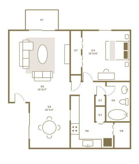 Floor plan for 1 bed, 1 bath, 896 sqft